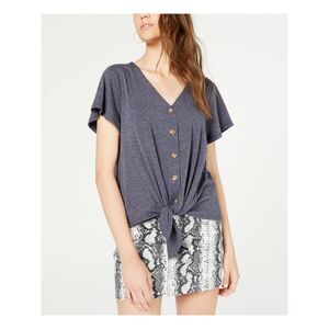 HIPPIE ROSE Womens T-Shirt Navy Knot Bottom Short Sleeve V Neck Juniors XS